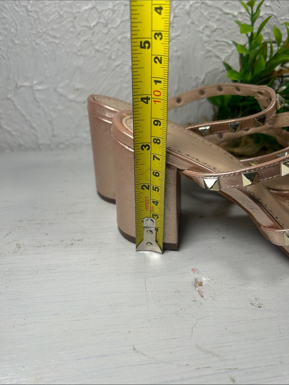Adrienne Vittadini Metallic Rose Gold Studded Strappy Slide In Block Heel Sandal - Picture 4 of 12